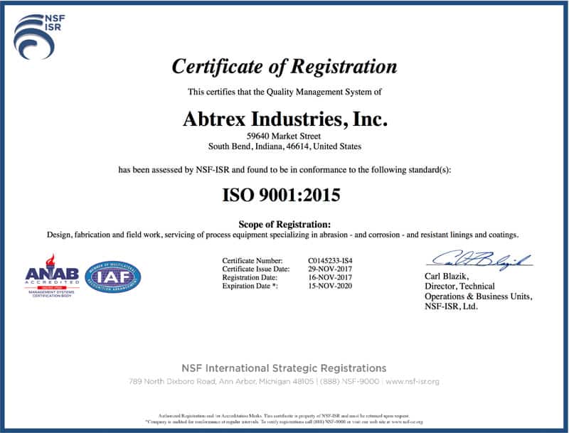 Abtrex ISO9001:2015 Certification